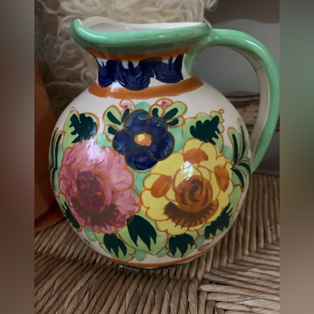 Vintage Bella Casa by Ganz hand painted Ceramic Floral Vase Pitcher